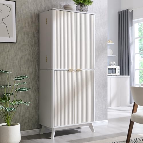 72" Tall Fluted Pantry Storage Cabinet with Adjustable Shelves & Door Racks, Natural Oak Y24422