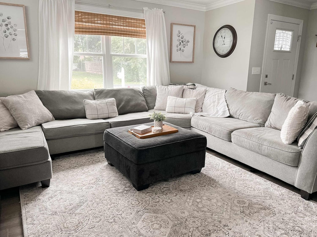 Beige Gray Brown Cream 6'7" x 9' Area Rug W4243
