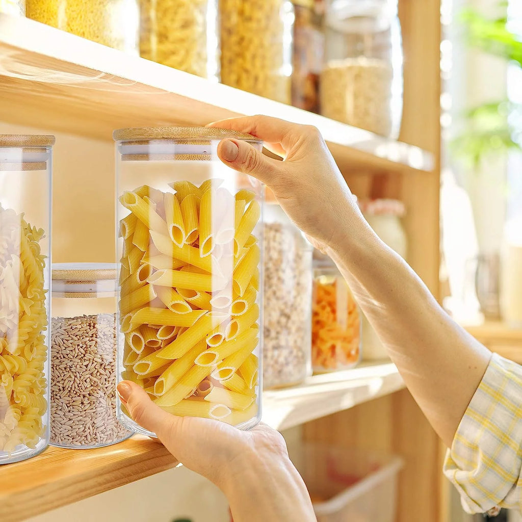 Set of 6 Airtight Borosilicate Glass Storage Jars with Bamboo Lids, 2 Sizes Y41541