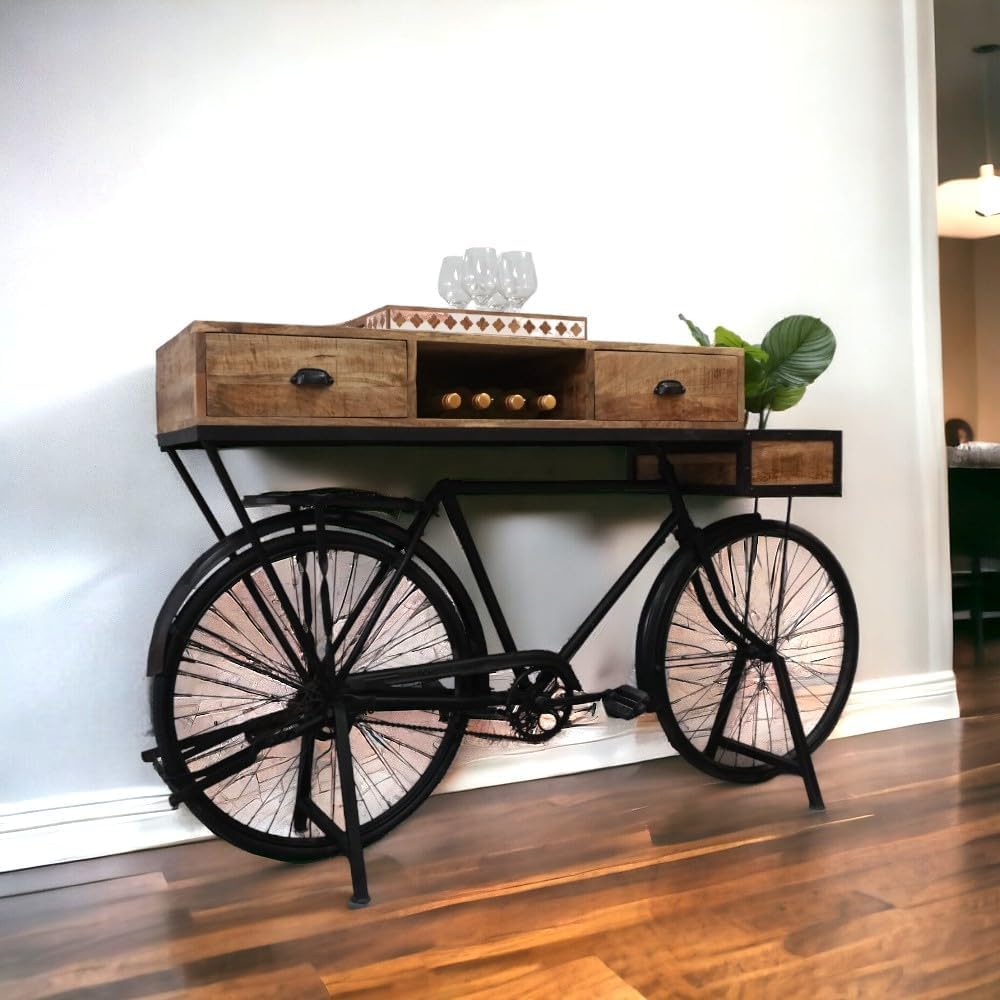 Vintage Bicycle Console Table with Drawers & Storage, Mango Wood, 76L x 18W x 44H inches Z676