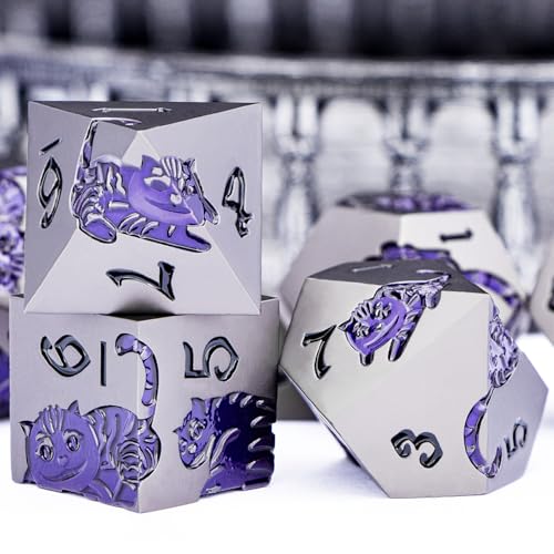 Metal DND Cat Dice 7PCS Polyhedral RPG Dice Set (Purple Yellow) X446