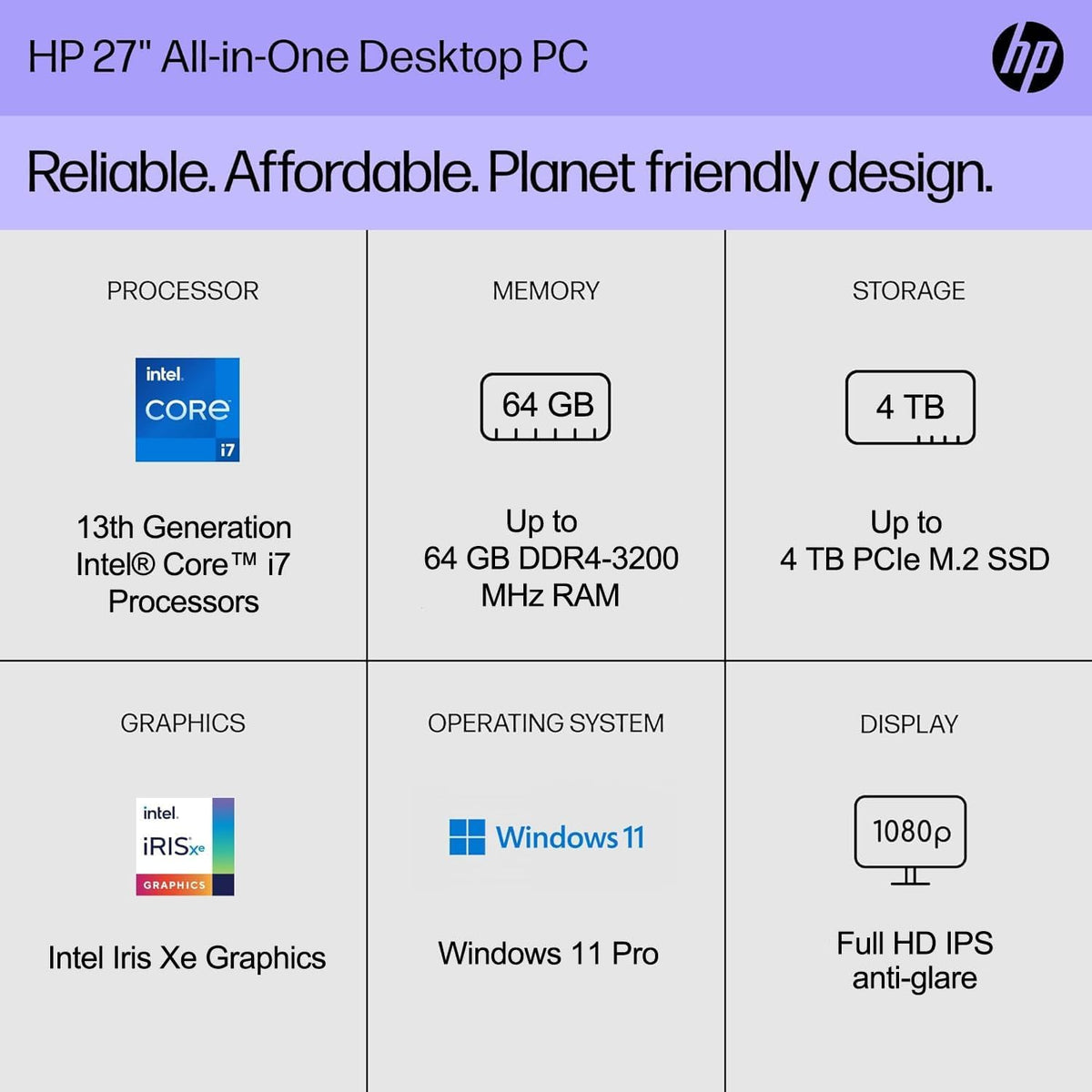 27" FHD Touchscreen All-in-One PC, Intel Core i7-1355U, 16GB RAM, 1TB SSD, Windows 11 Pro, White I830094