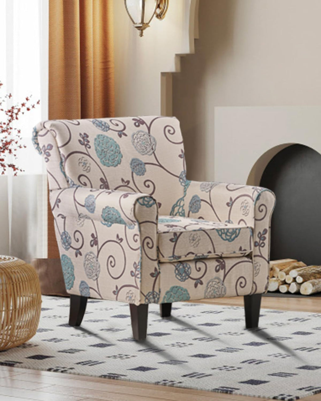 White/Blue Crushed Floral Fabric Sofa with Wooden Metal Legs Y83199
