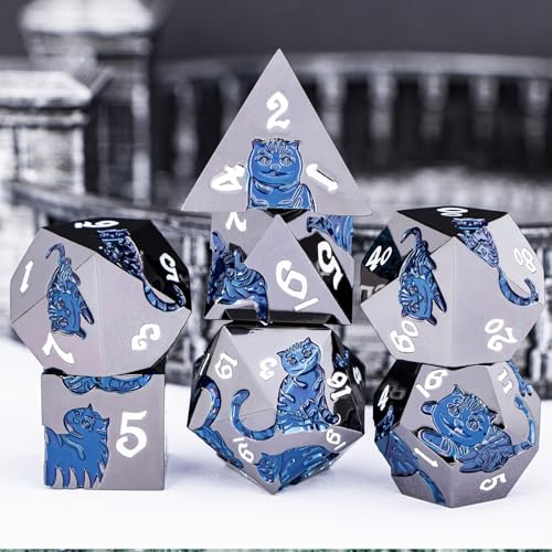 Metal DND Cat Dice 7PCS Polyhedral RPG Dice Set (Purple Yellow) X446