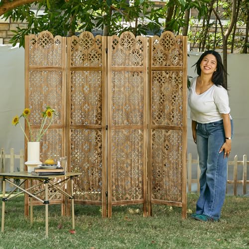 4 Panel Antique Brown Wood Room Divider I16338