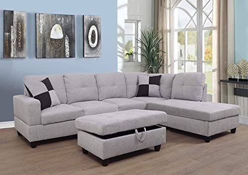 Grey White Linen Fabric L-Shaped Sectional Sofa Set with Storage Ottoman and Pillows T3508