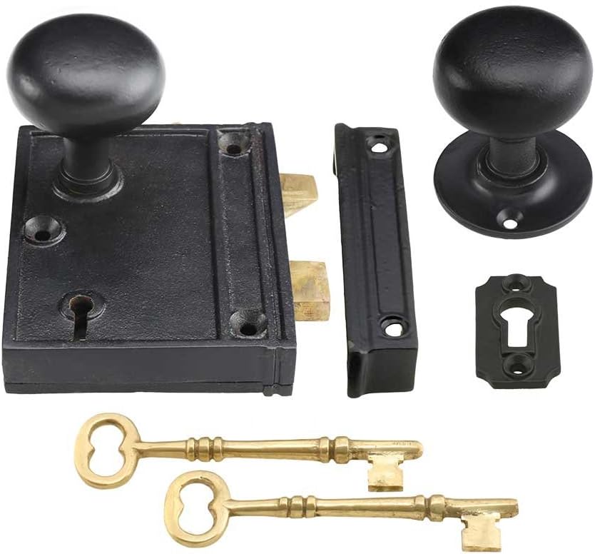 Cast Iron Vertical Rim Lock Set with Small Iron Knobs in Matte Black E7786