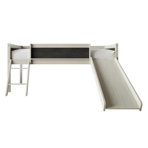 Antique Gray Wood Twin Loft Bed Frame with Slide, Climbing Ladder, Chalkboard, Guardrail Y418767