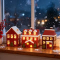 Red Ceramic Christmas Village Houses Set of 3 Lighted M109
