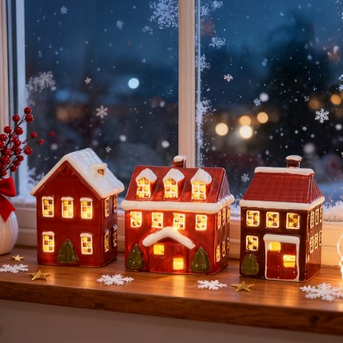 Red Ceramic Christmas Village Houses Set of 3 Lighted M109
