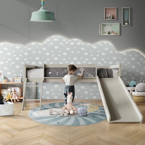 Antique Gray Wood Twin Loft Bed Frame with Slide, Climbing Ladder, Chalkboard, Guardrail Y418767