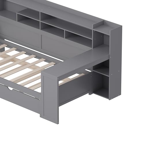 Gray Twin Corner Bed Frame with Storage Shelves and Desk C971