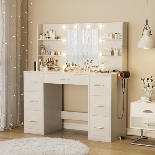 White Vanity Desk with Mirror, LED Lights, 7 Drawers and 6 Storage Shelves M853
