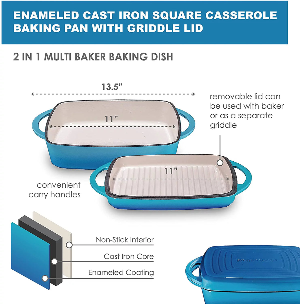 2 in 1 Enameled Square Cast Iron Baking Pan With Grill V141857