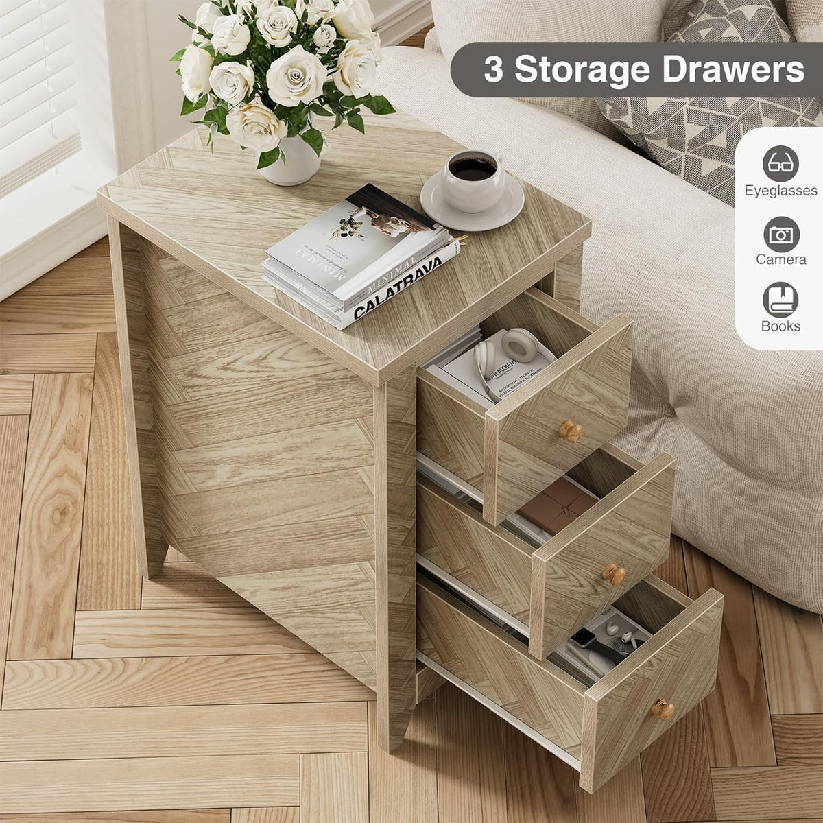 Wood Narrow End Table with 3 Drawers Q726214