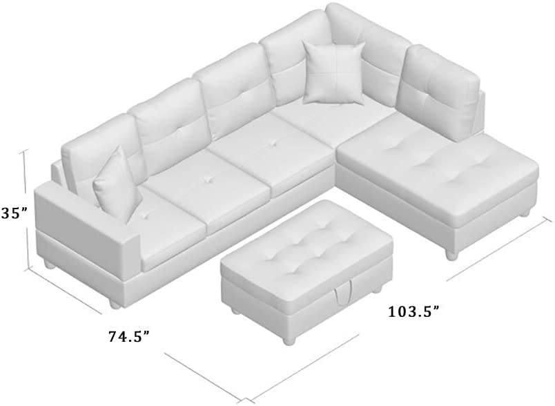 Grey White Linen Fabric L-Shaped Sectional Sofa Set with Storage Ottoman and Pillows T3508