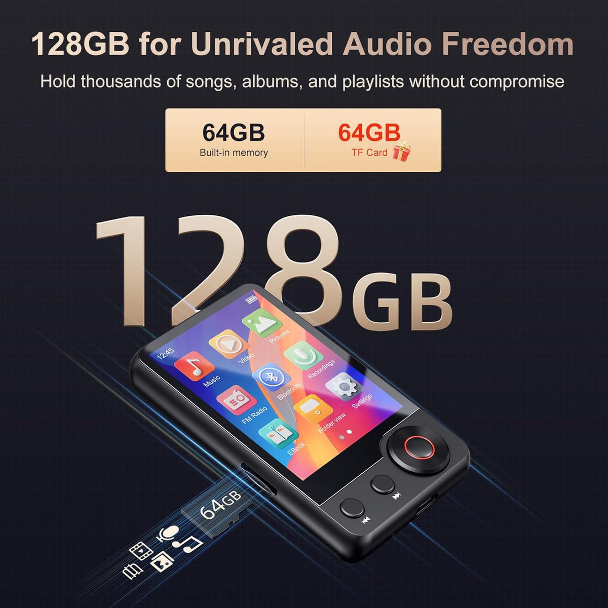 128GB Bluetooth MP3 Player with 2.4" Screen, FM Radio, Touch Screen J80664