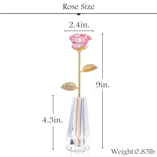 Crystal Pink Rose Flowers Glass Rose Golden Stem with Crystal Vase Figurine Collectible Decor O723