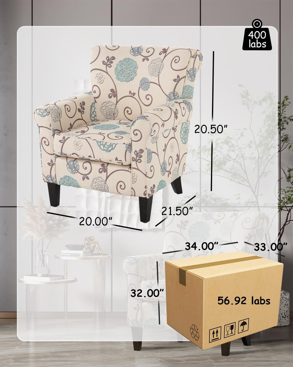 White/Blue Crushed Floral Fabric Sofa with Wooden Metal Legs Y83199