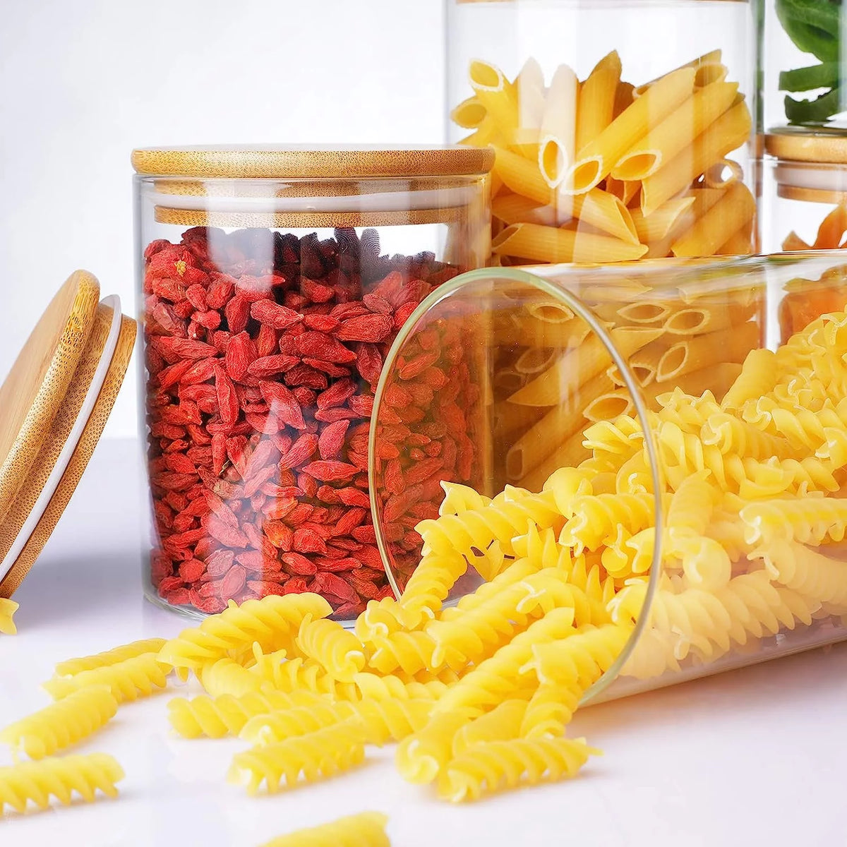 Set of 6 Airtight Borosilicate Glass Storage Jars with Bamboo Lids, 2 Sizes Y41541