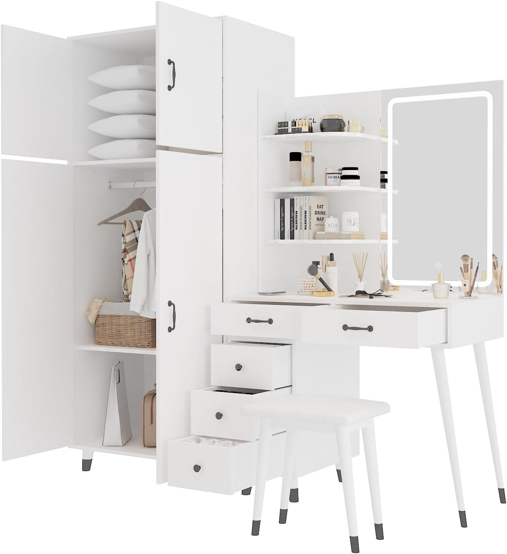 White Makeup Vanity Table and Armoire Wardrobe Set with LED Mirror and 5 Drawers K481