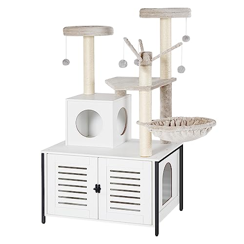 Greige Wooden Cat Tree with Litter Box Enclosure, 27.6" L x 18.9" W x 52" H M311