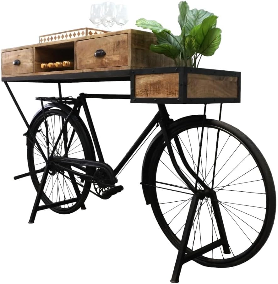 Vintage Bicycle Console Table with Drawers & Storage, Mango Wood, 76L x 18W x 44H inches Z676