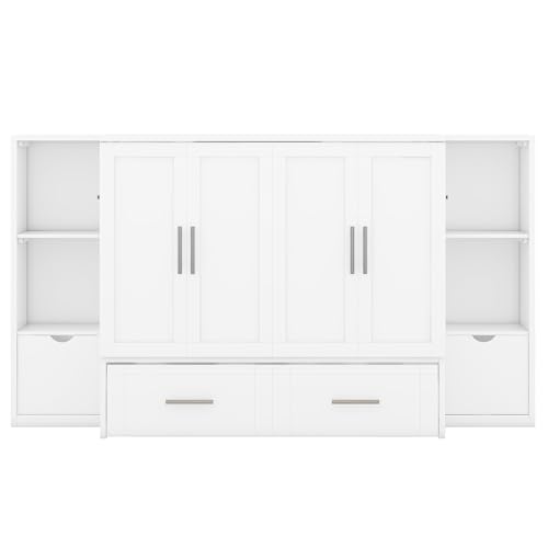 White Queen Size Solid Wood Murphy Wall Bed with Storage S847766