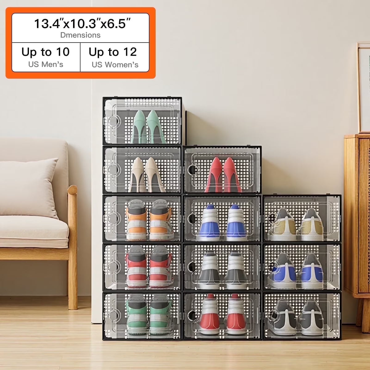 12 Pack Black Plastic Stackable Shoe Storage Box C55591