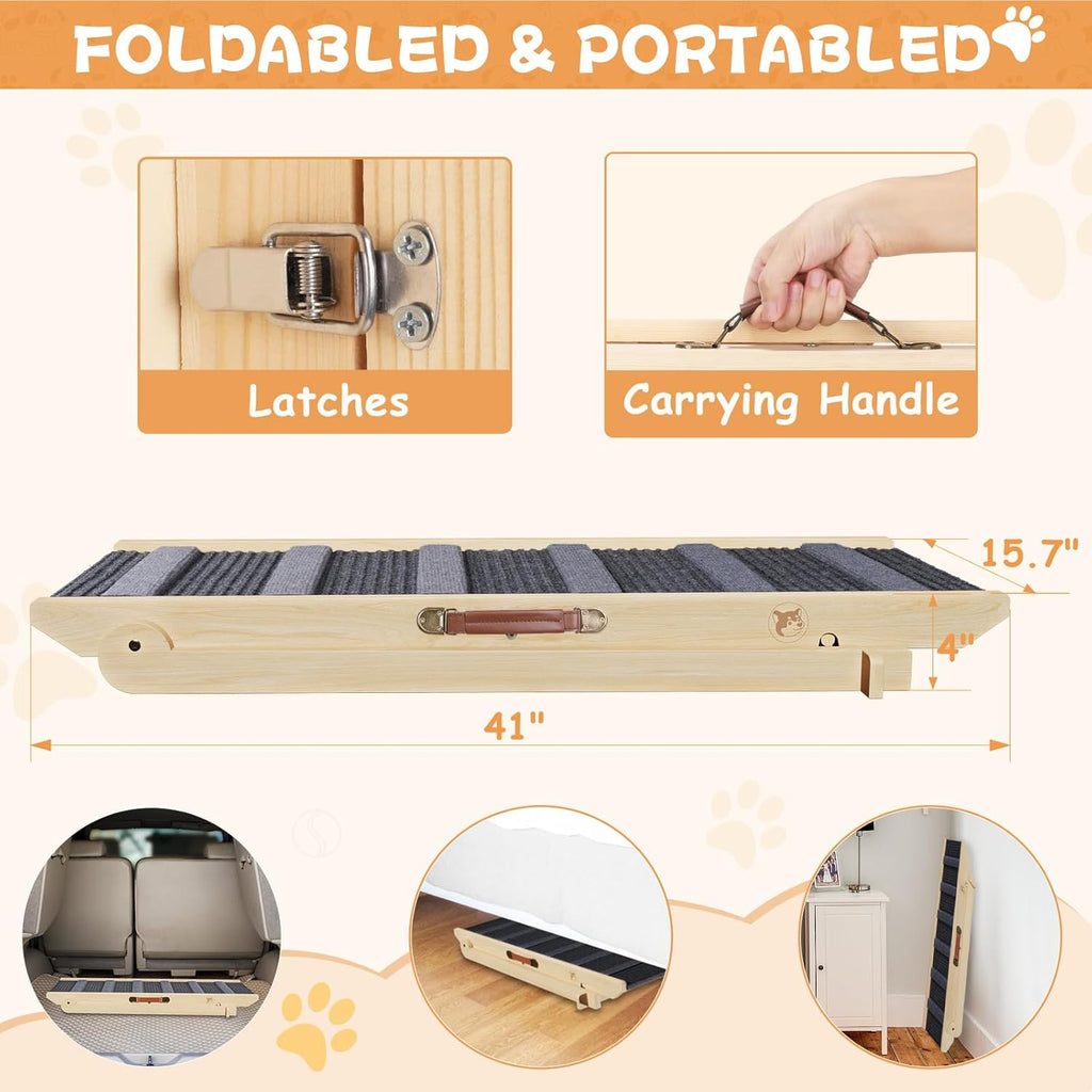 Folding Wooden Pet Ramp, 7 Adjustable Height from 10.8" to 26.6", Supports Up to 200lbs L712