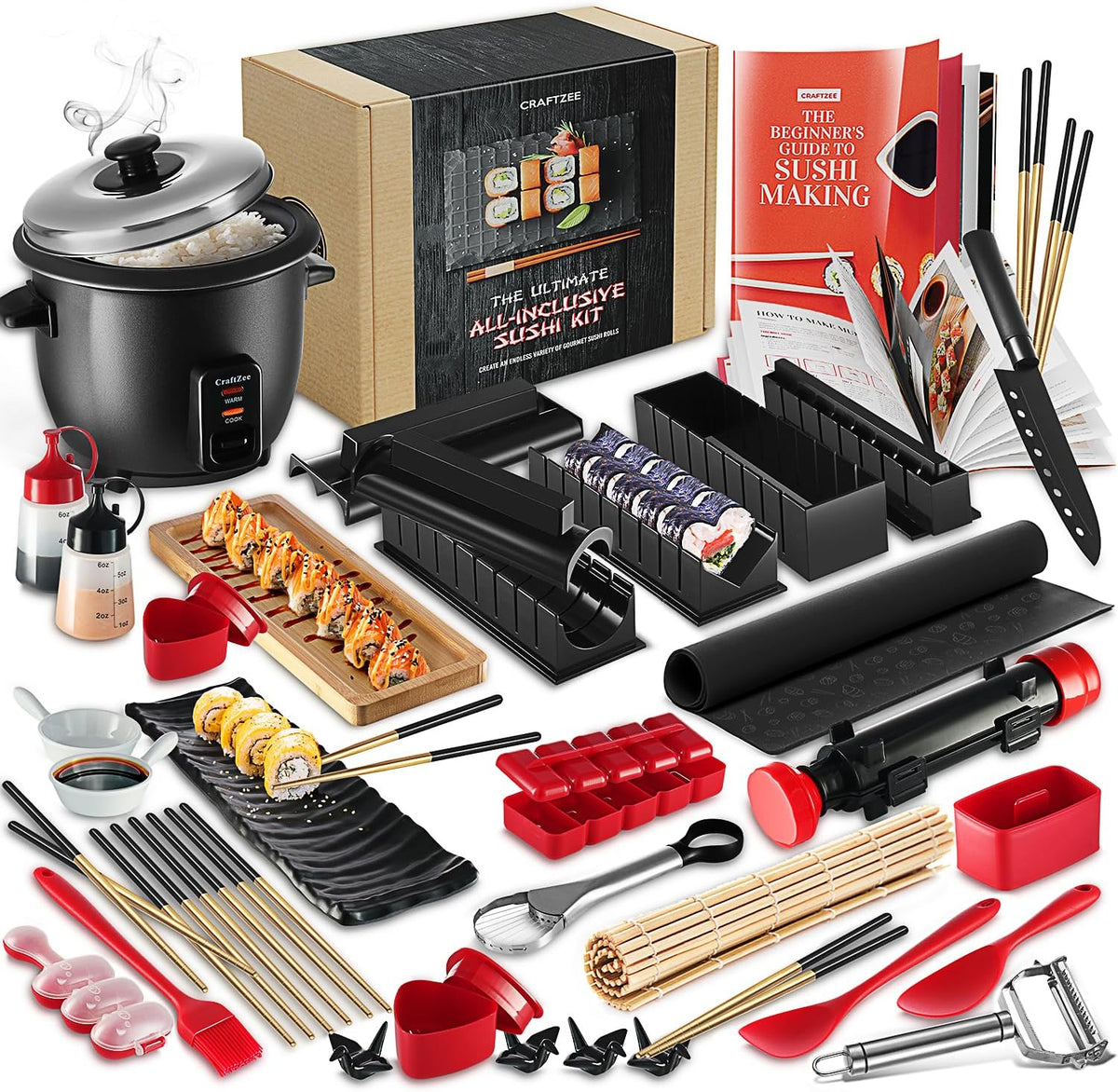 42Pcs Sushi Maker Kit with Bazooka Roller, Rice Cooker, Onigiri, Nigiri & Musubi Mold, Bamboo Rolling Mat, Knife V121