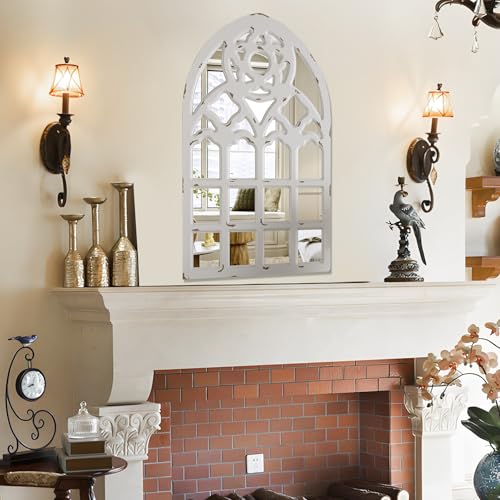 White Arched Wood Framed Window Mirror 23.6"x38"x1.2" U26784