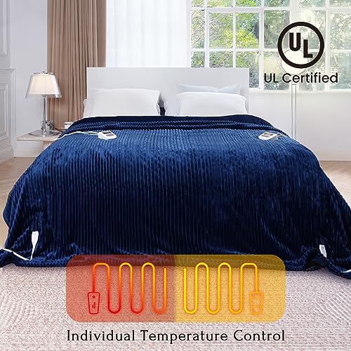 Navy Blue Queen Size Striped Electric Fleece Blanket with 6 Heat Levels and Auto-Off U137