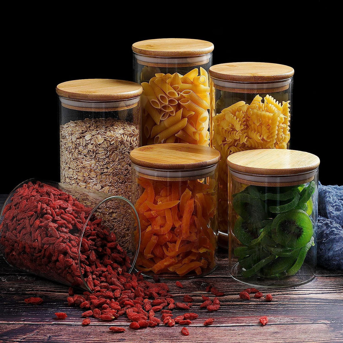 Set of 6 Airtight Borosilicate Glass Storage Jars with Bamboo Lids, 2 Sizes Y41541