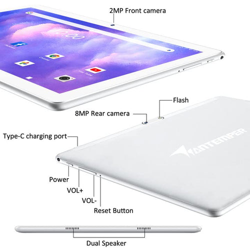 10.1 Inch Android Tablet with Keyboard 4GB RAM 64GB 128GB Expandable Silver W376