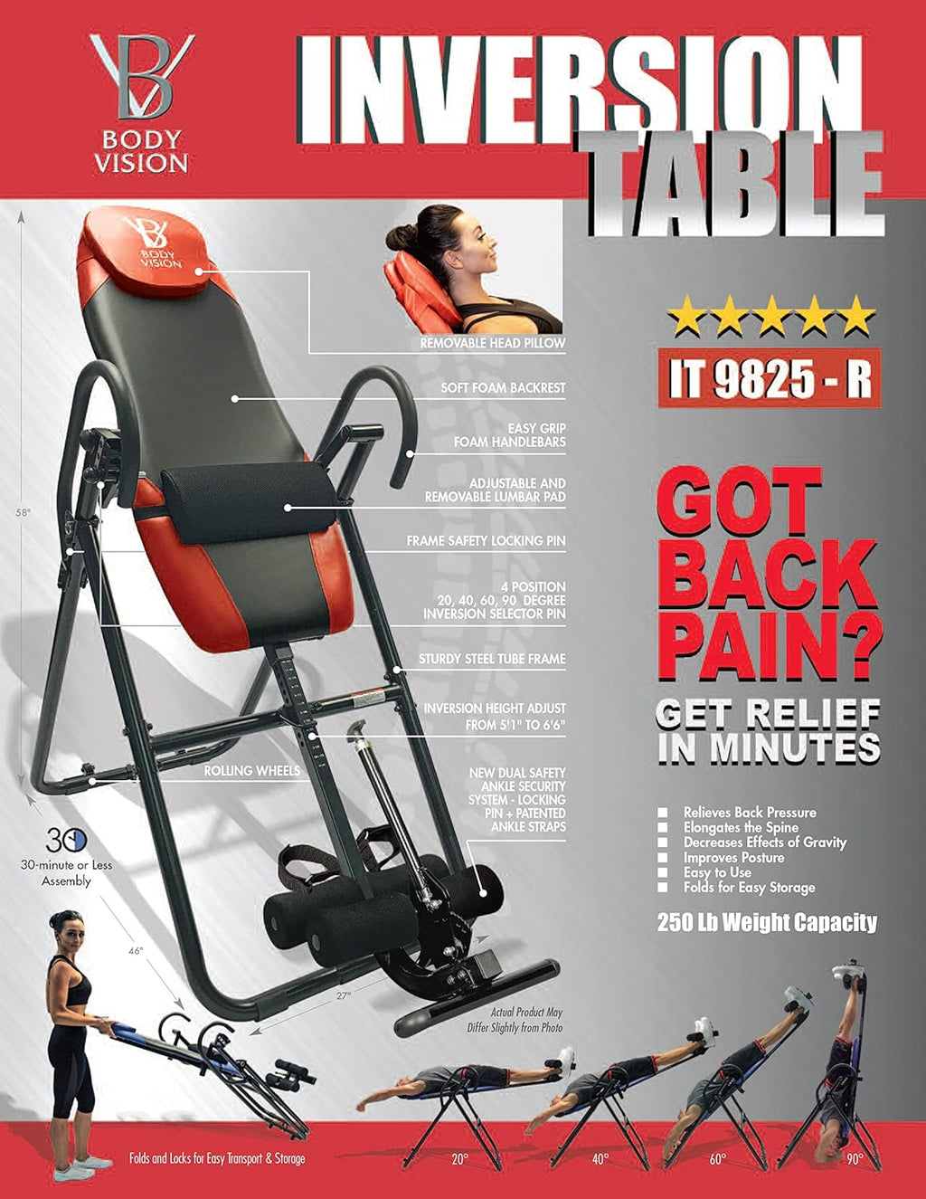 Red Heavy Duty Inversion Table with Removable Head Pillow & Lumbar Support Pad H275078