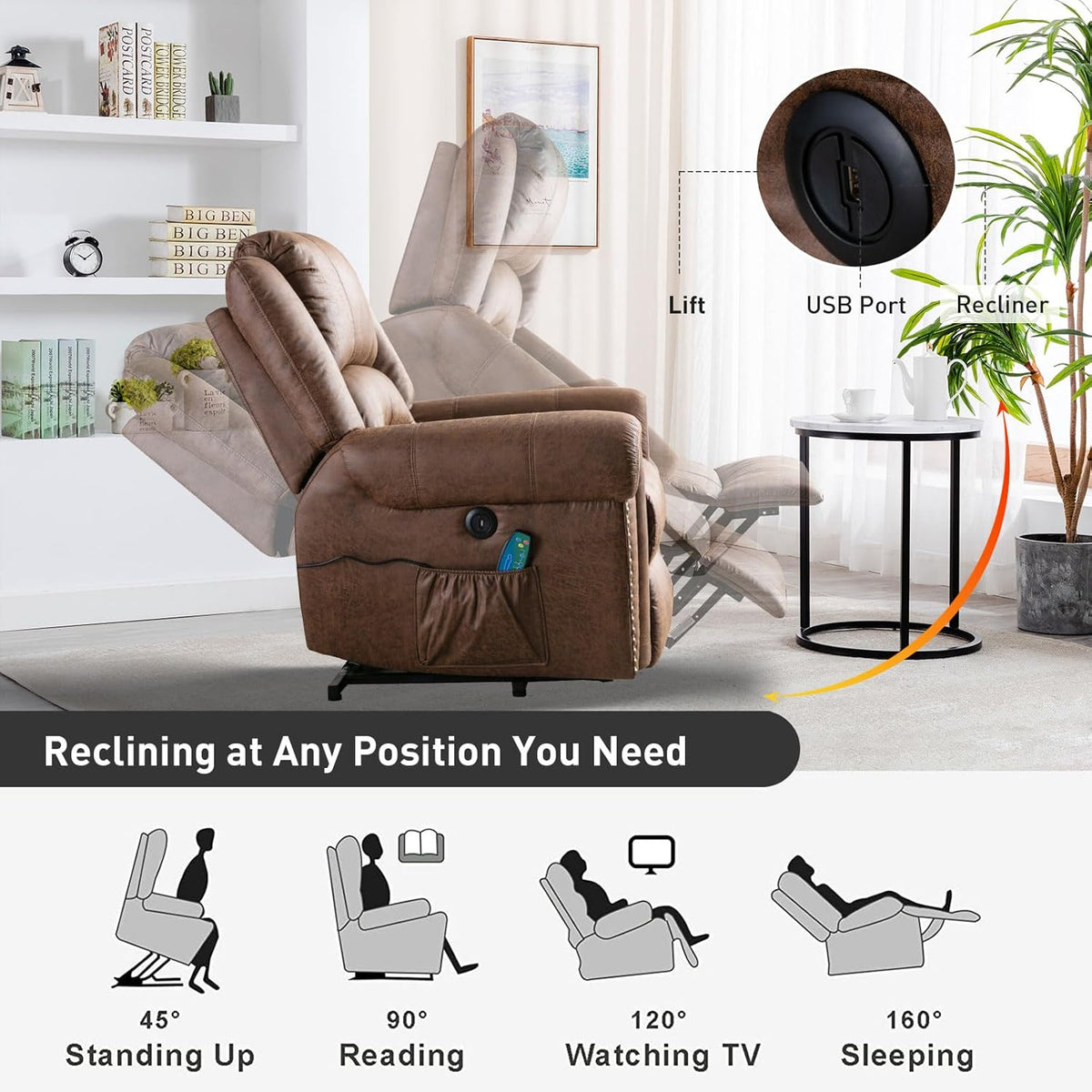 Brown Leather Oversized Power Lift Reclining Sofa I20482