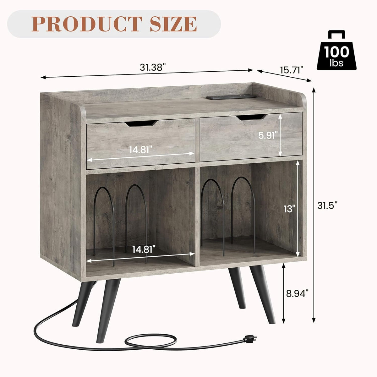 Gray Wooden Record Player Stand with Storage and Drawers F317494
