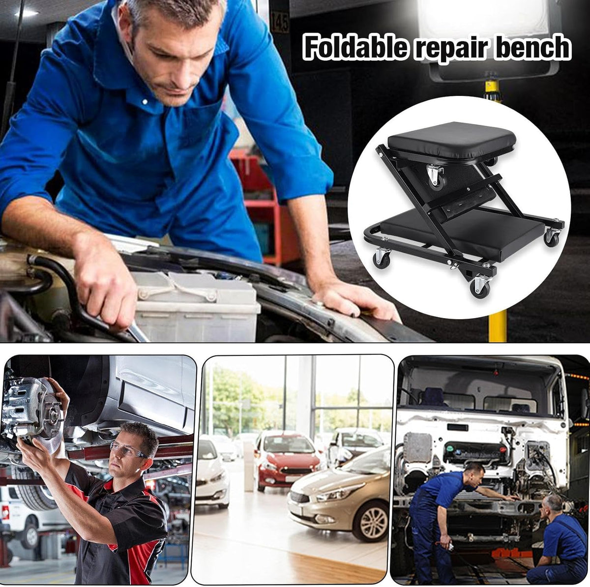 36 Inches Adjustable Rolling Garage Creeper with 6 Swivel Casters B52422