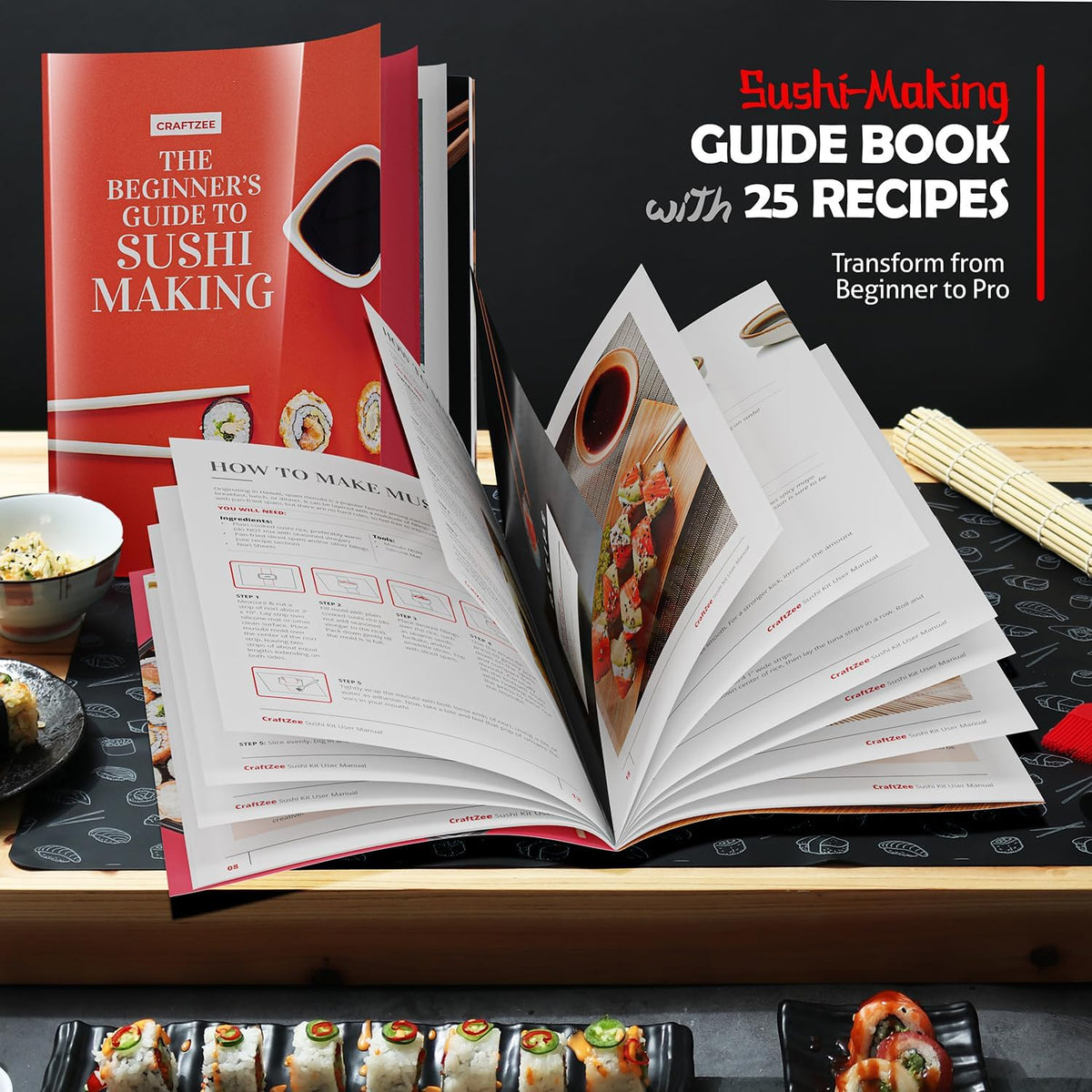 42Pcs Sushi Maker Kit with Bazooka Roller, Rice Cooker, Onigiri, Nigiri & Musubi Mold, Bamboo Rolling Mat, Knife V121