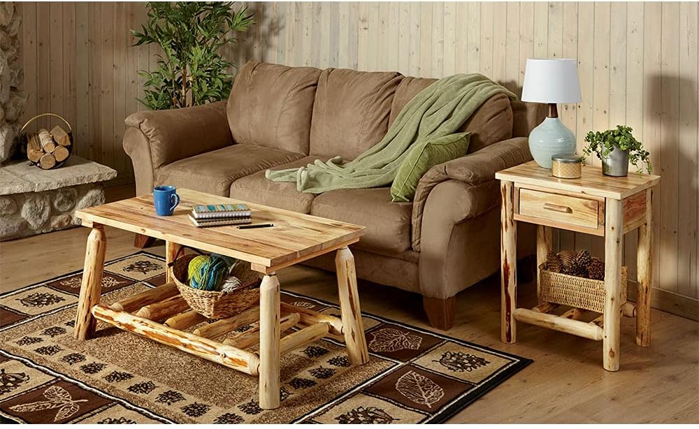 Pine Log End Table Nightstand with Storage Drawer X7085