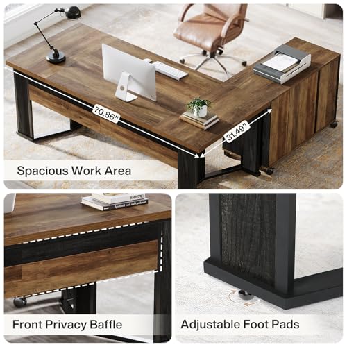 Brown and Black L Shaped Executive Desk with Mobile File Cabinet and 2 Drawers H7267