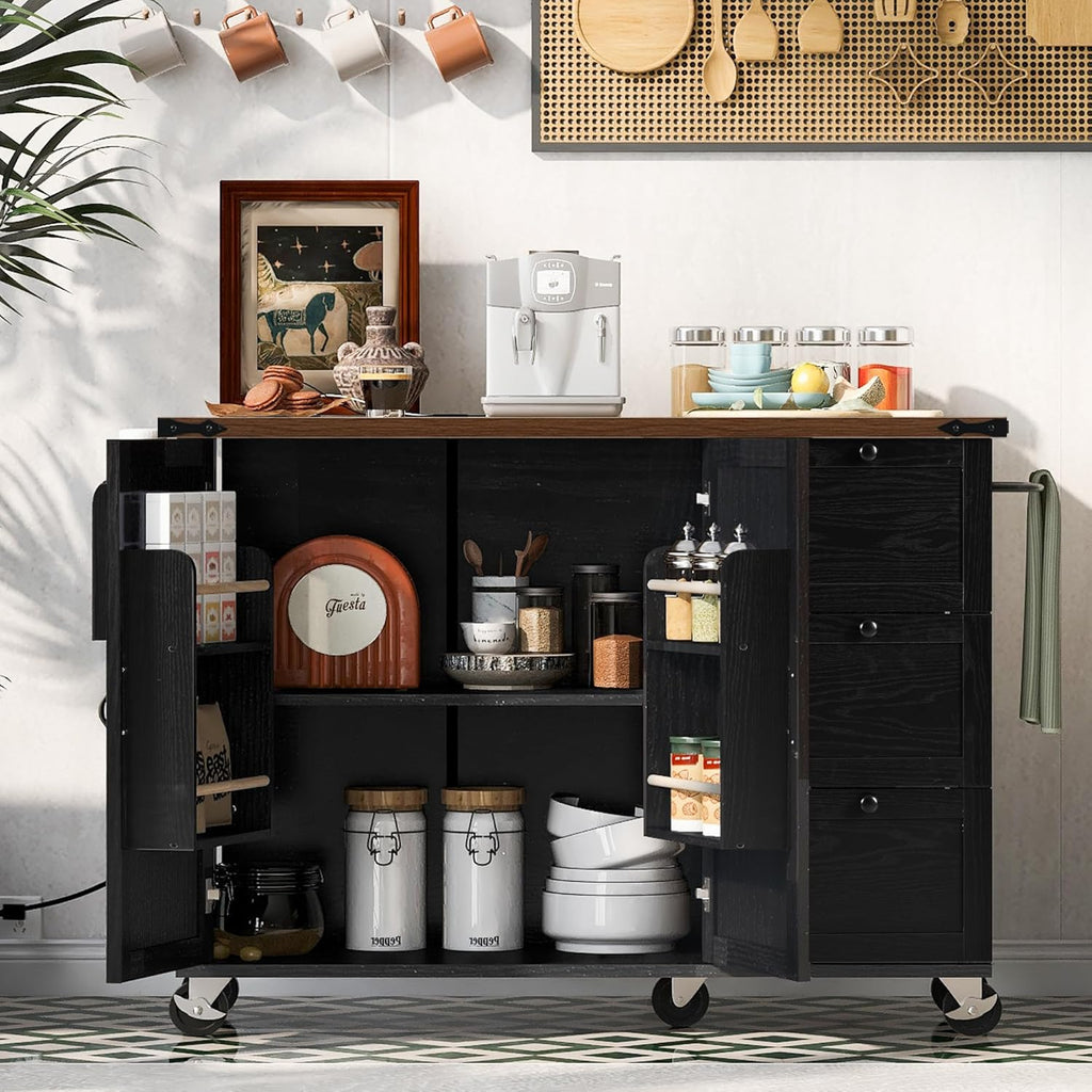 Black Kitchen Island with Power Outlet and Drop Leaf B284