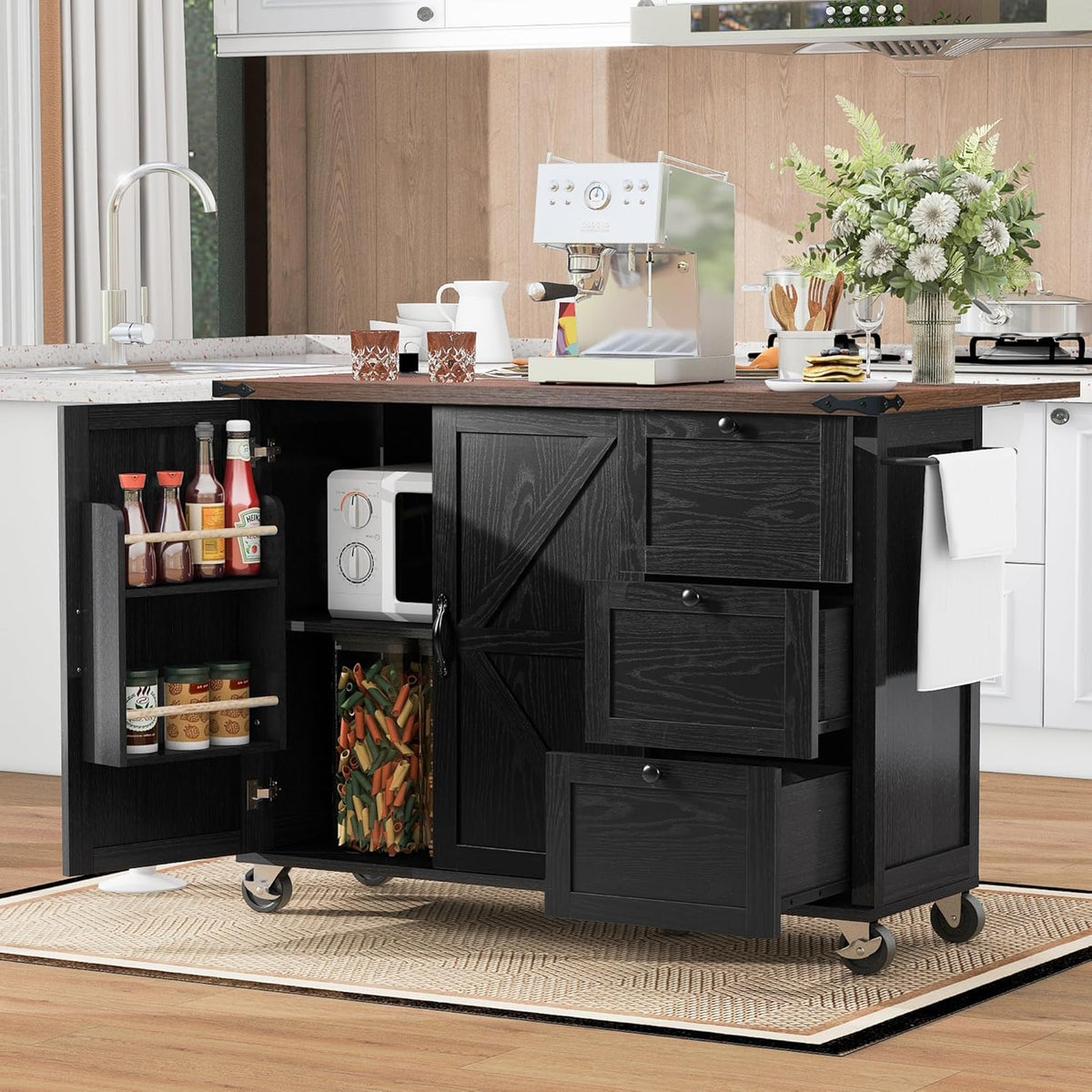 Black Kitchen Island with Power Outlet and Drop Leaf B284