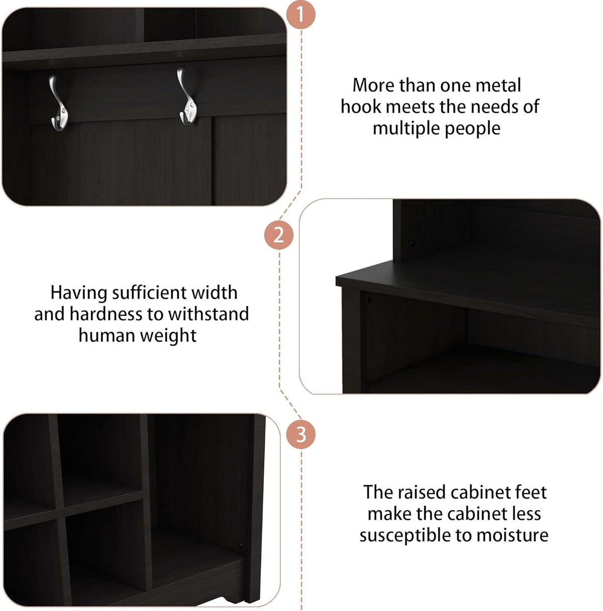 Freestanding Hall Tree with Metal Hooks and Storage Space, Black Coat Rack with Shoe Cubbies S1435