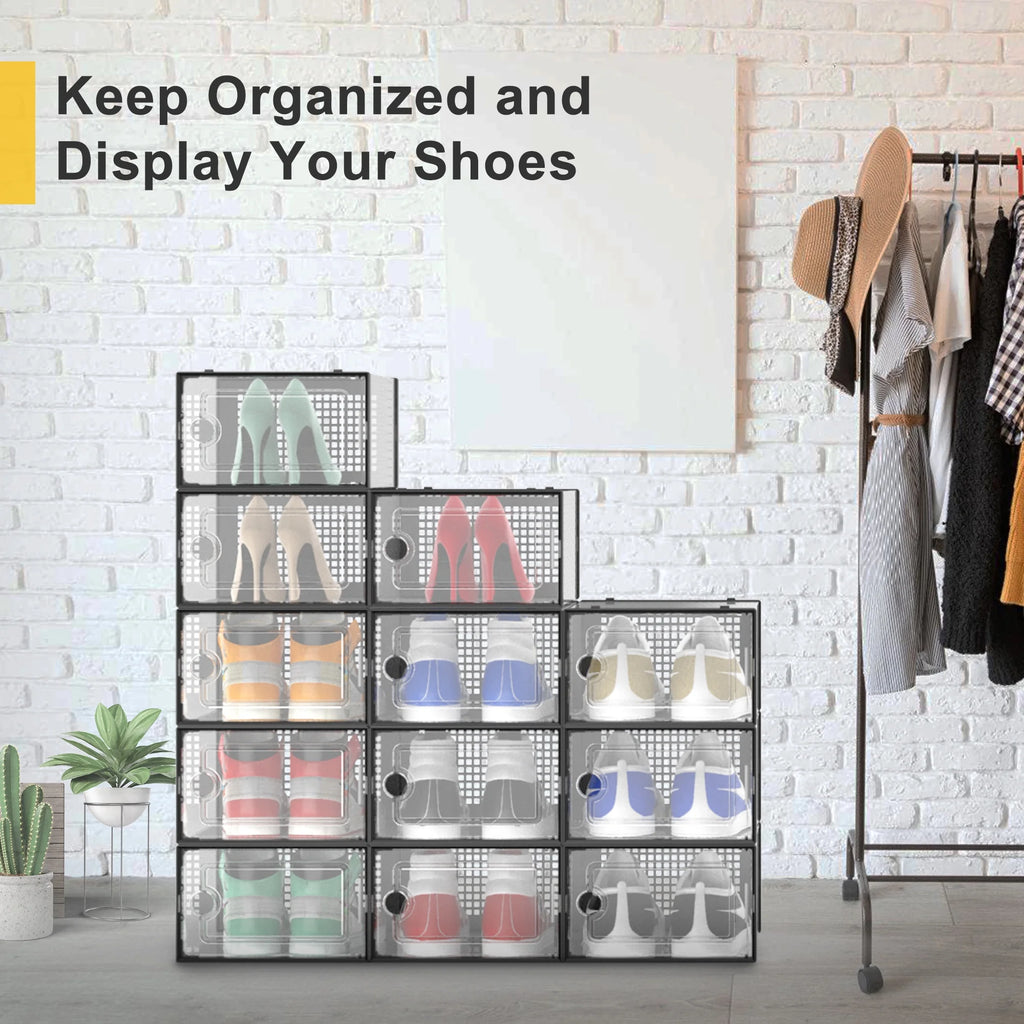 12 Pack Black Plastic Stackable Shoe Storage Box C55591