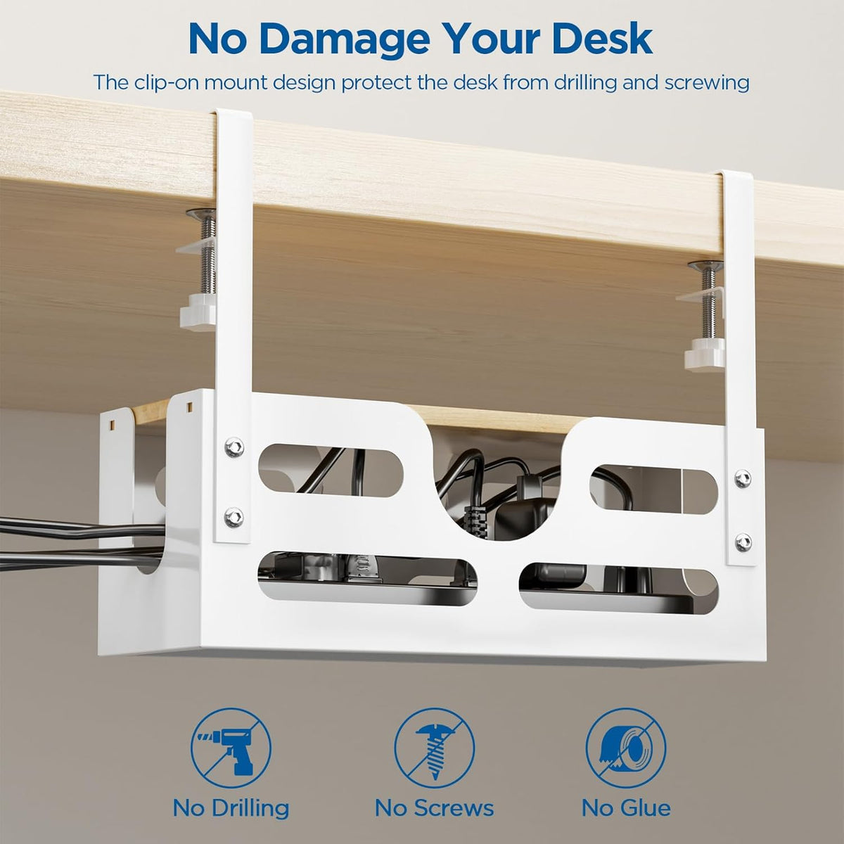 White Desk Cable Management Box with Lid and Adjustable Clamps M910