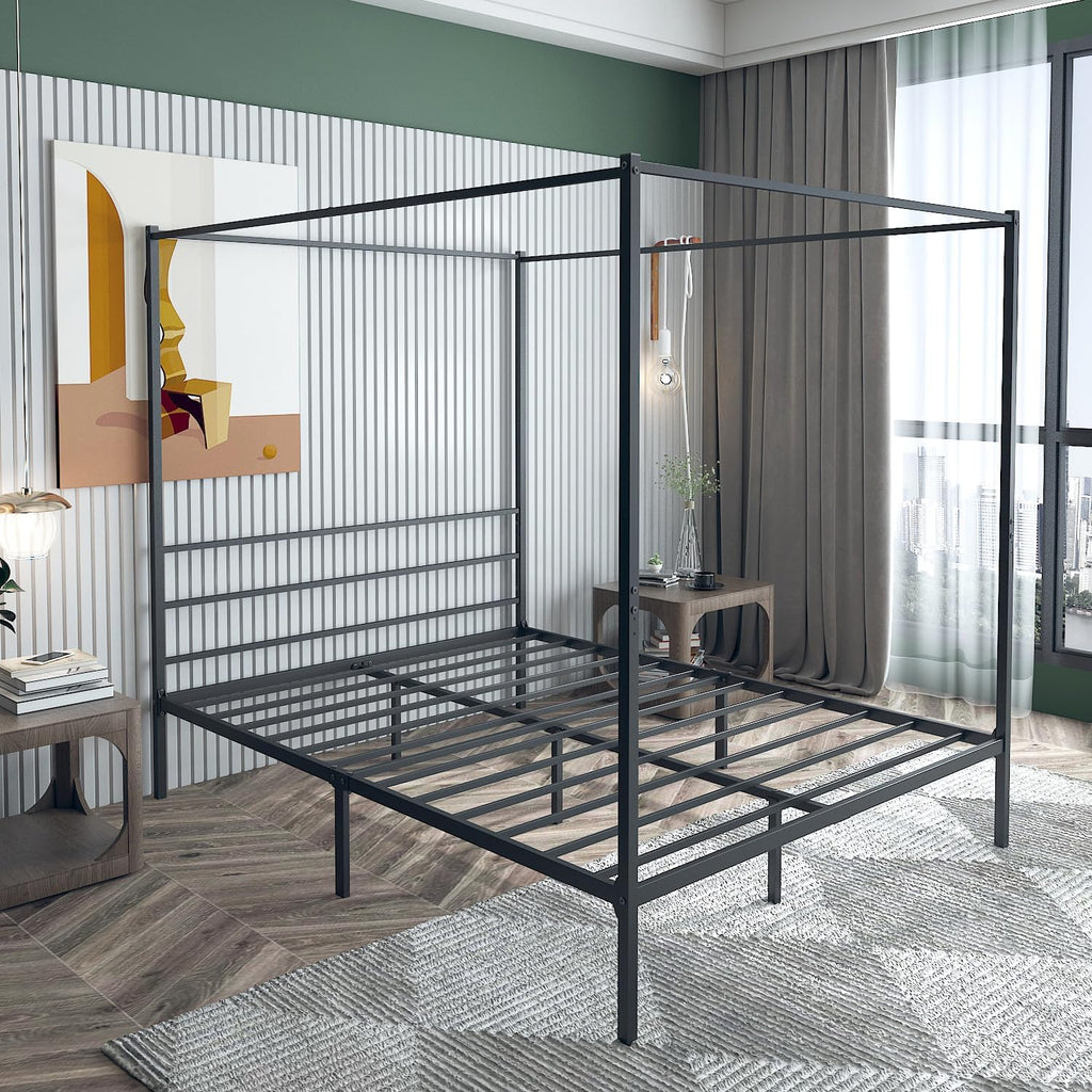 Queen Size Black Metal Canopy Bed Frame with Headboard and Corner Posts A2623