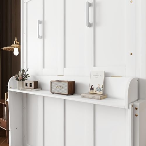 White Queen Size Wall Bed with Desk and Storage Shelf K696683
