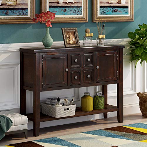 Espresso Buffet Sideboard Console with 2 Cabinets 4 Drawers and Open Bottom Shelf B22562
